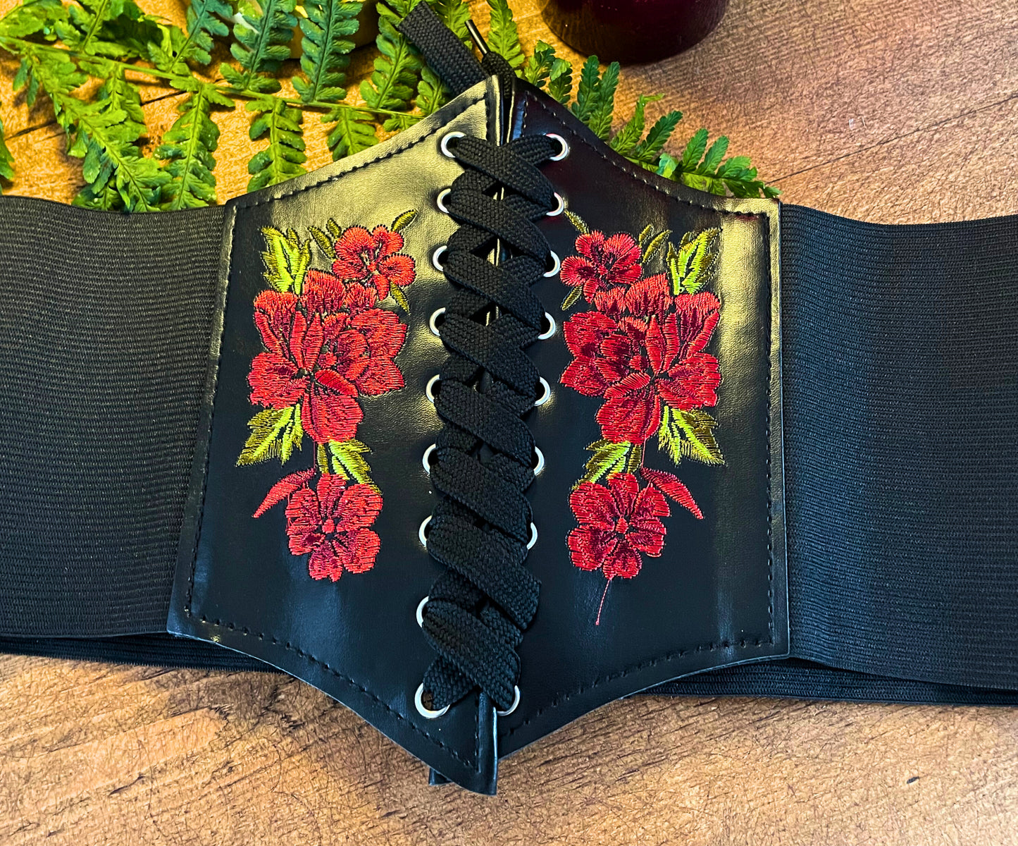 Embroidered Rose Black PU Leather Corset Waist Cinch Belt - One Size