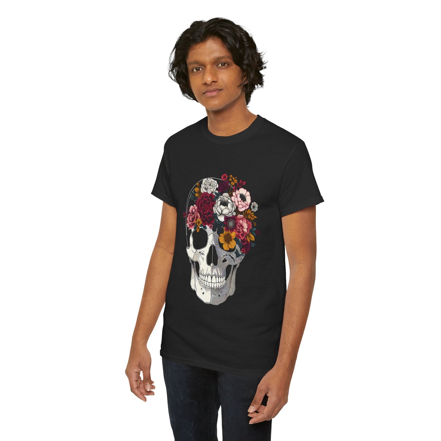 Floral Skull Crew Neck Heavy Cotton Tee