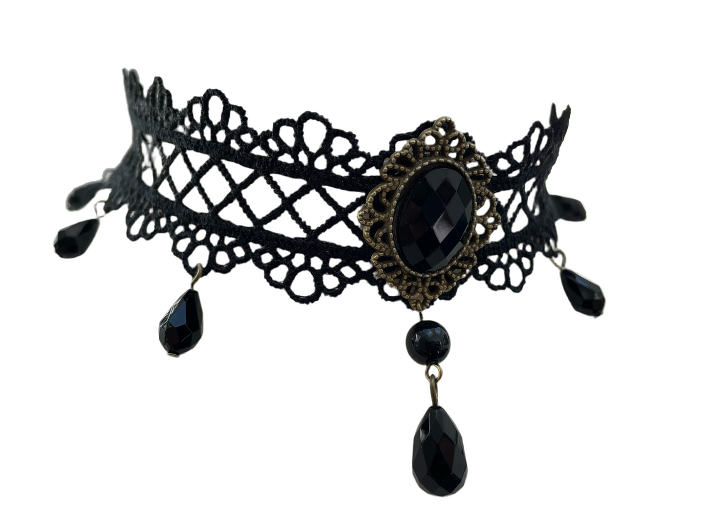 Black Gothic Lace Pendant and Droplet Choker Necklace #5