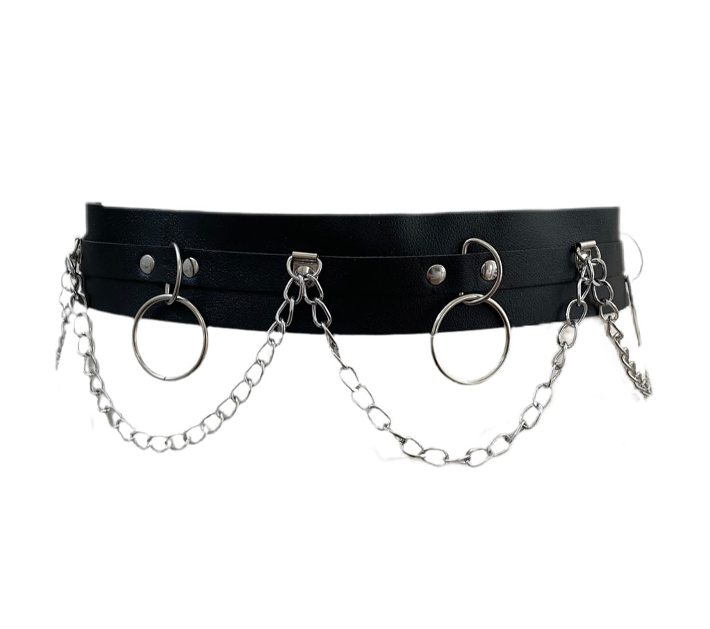 Black PU Leather Chain and Ring Waist Hip Belt