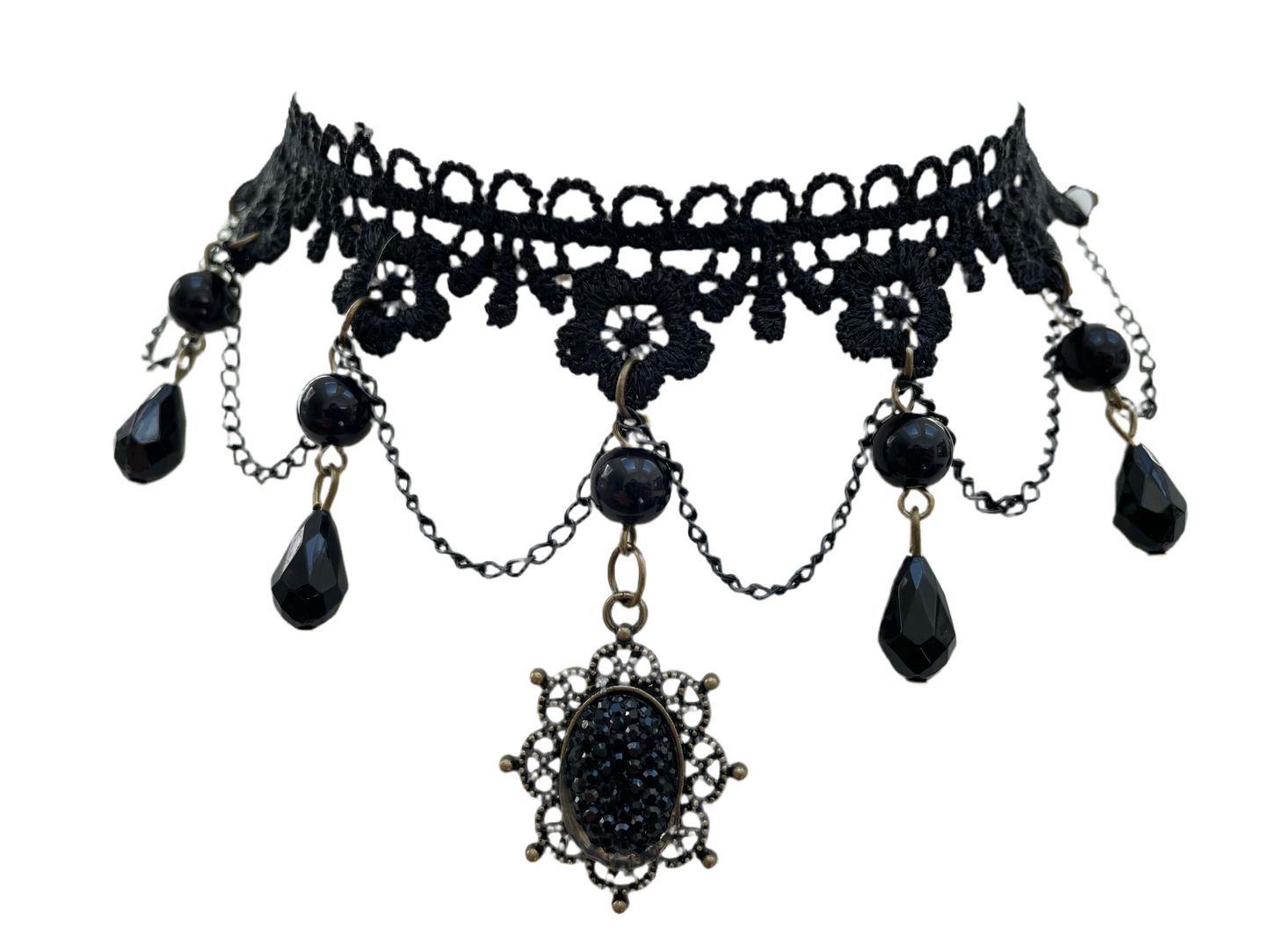 Black Glitter Pendant Gothic Chain and Lace Choker Necklace # 4