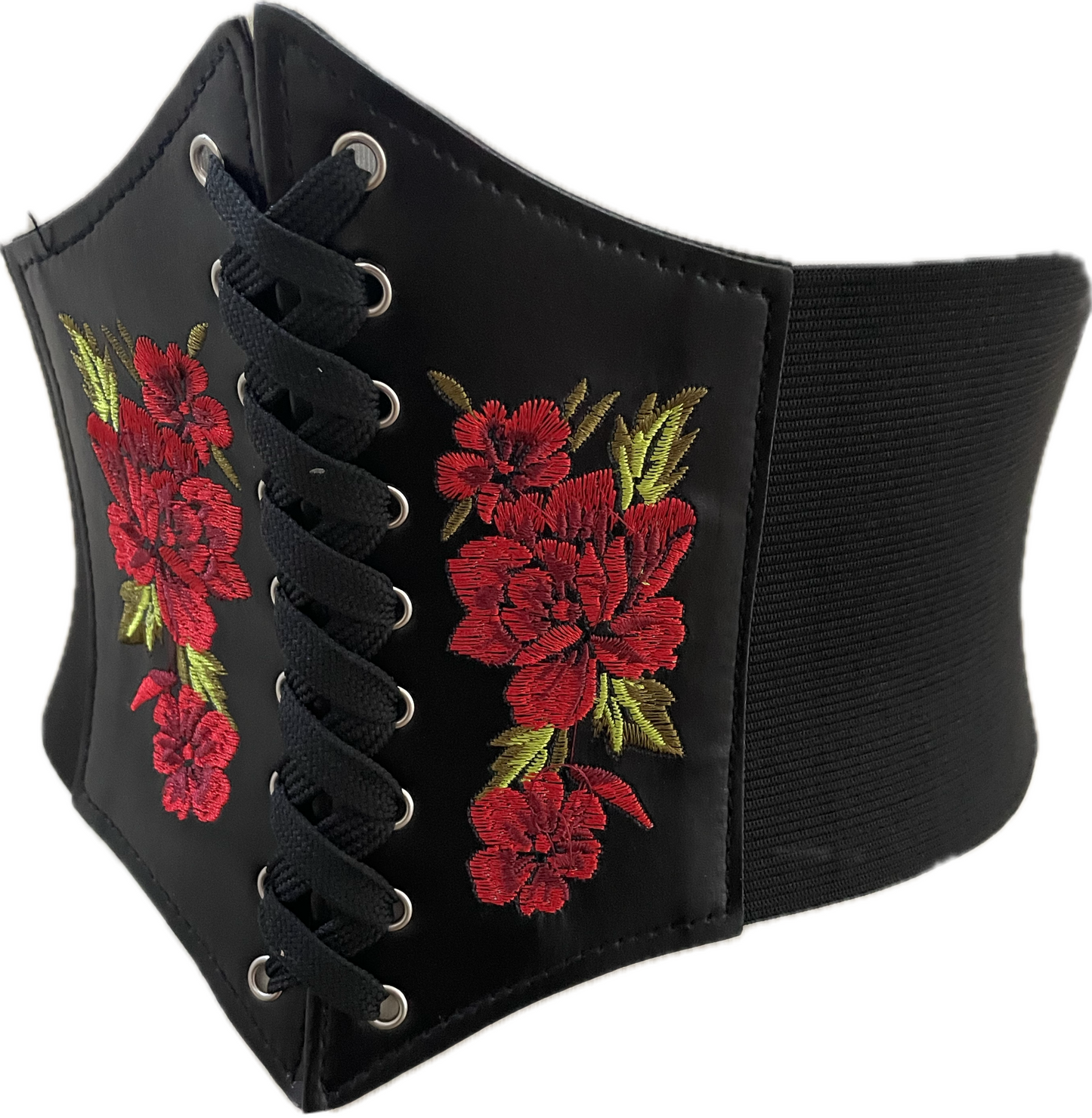 Embroidered Rose Black PU Leather Corset Waist Cinch Belt - One Size