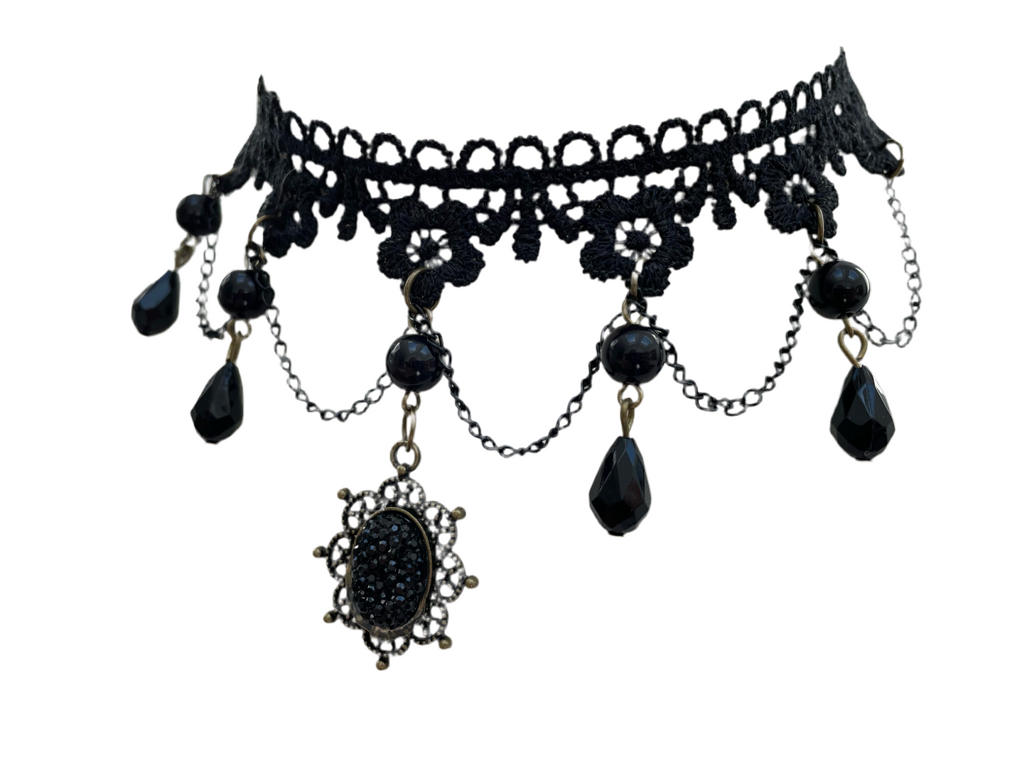 Black Glitter Pendant Gothic Chain and Lace Choker Necklace # 4