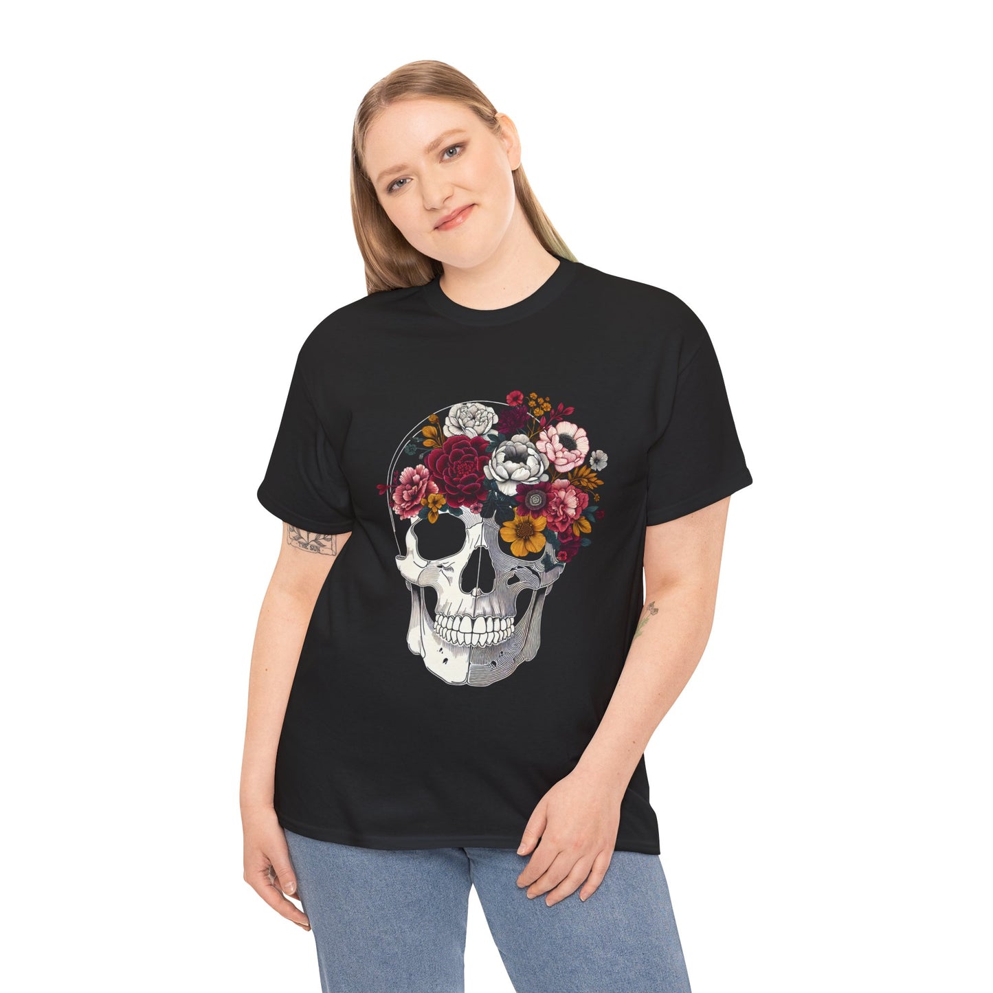 Floral Skull Crew Neck Heavy Cotton Tee