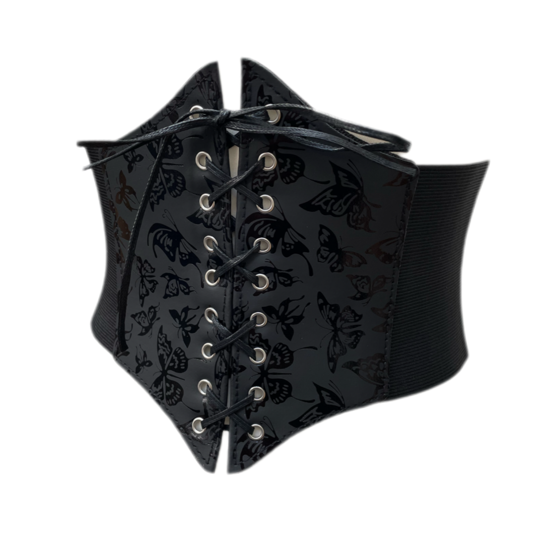 Black PU Leather Gothic Butterfly Corset Waist Cinch Belt - One Size