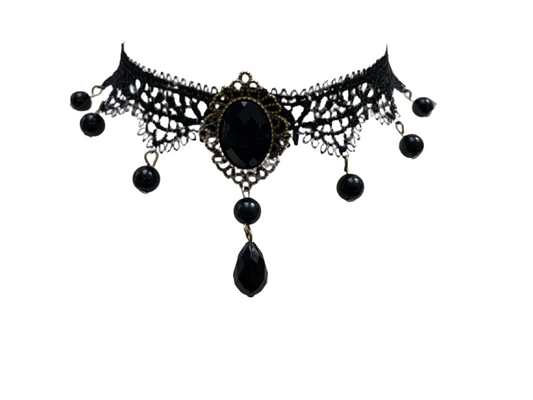 Black Gothic Lace Pendant and Droplet Choker Necklace #16