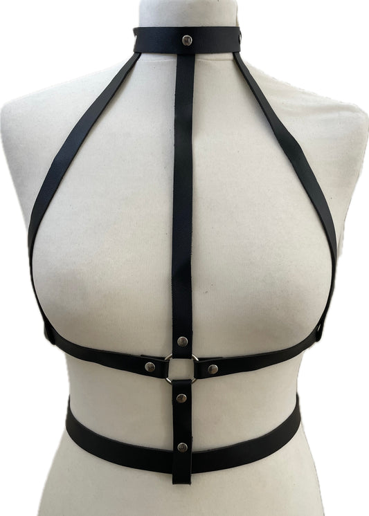 Black PU Leather Strap Body Harness Choker Collar