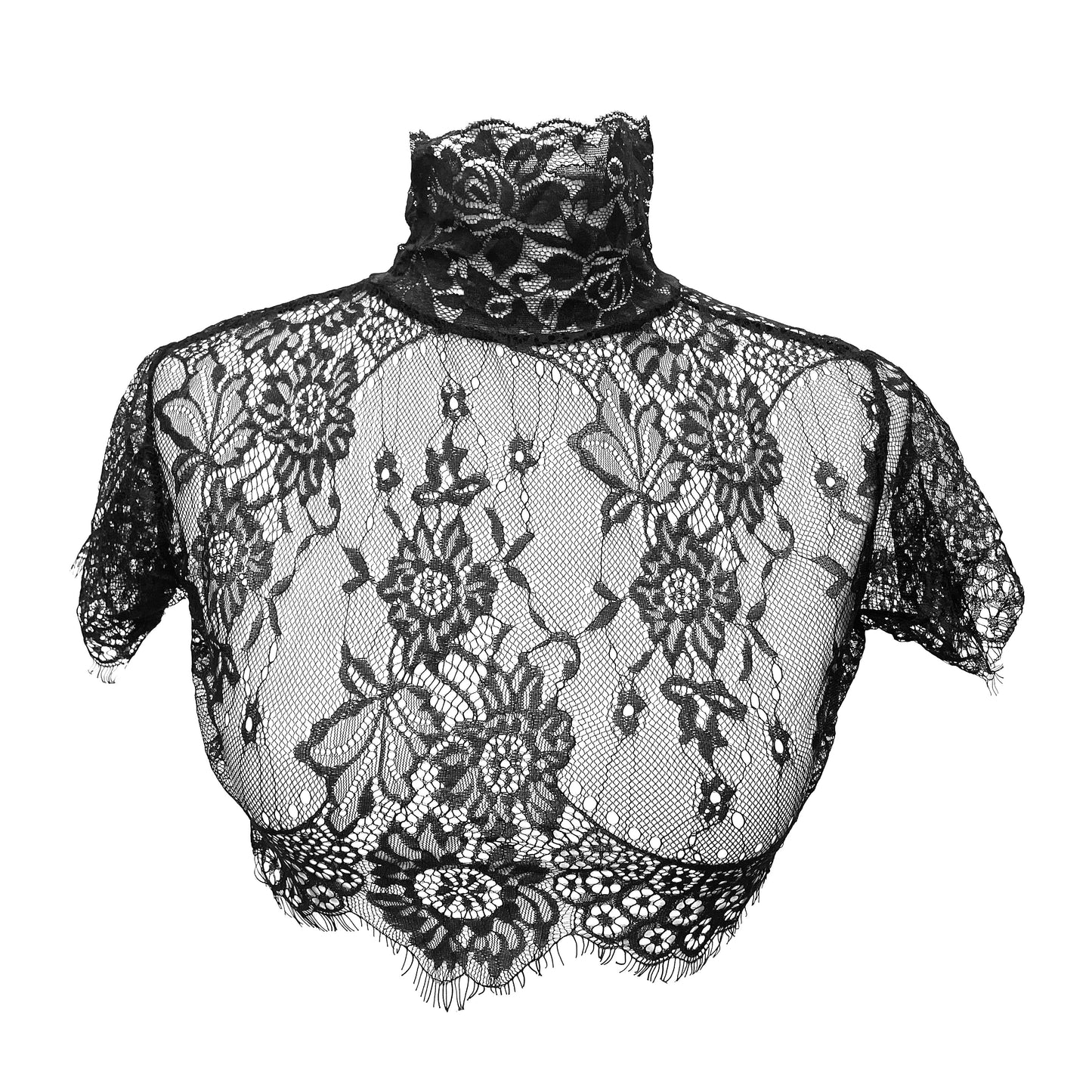 Black Lace Cropped Blouse High Collar Bolero Shrug