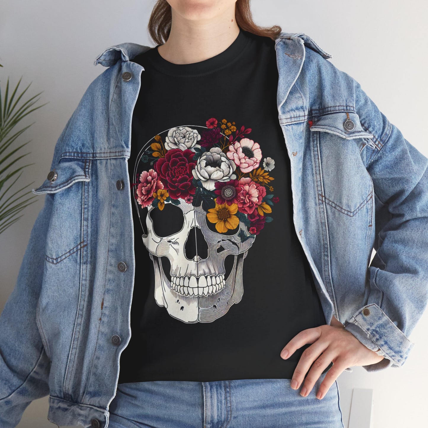 Floral Skull Crew Neck Heavy Cotton Tee