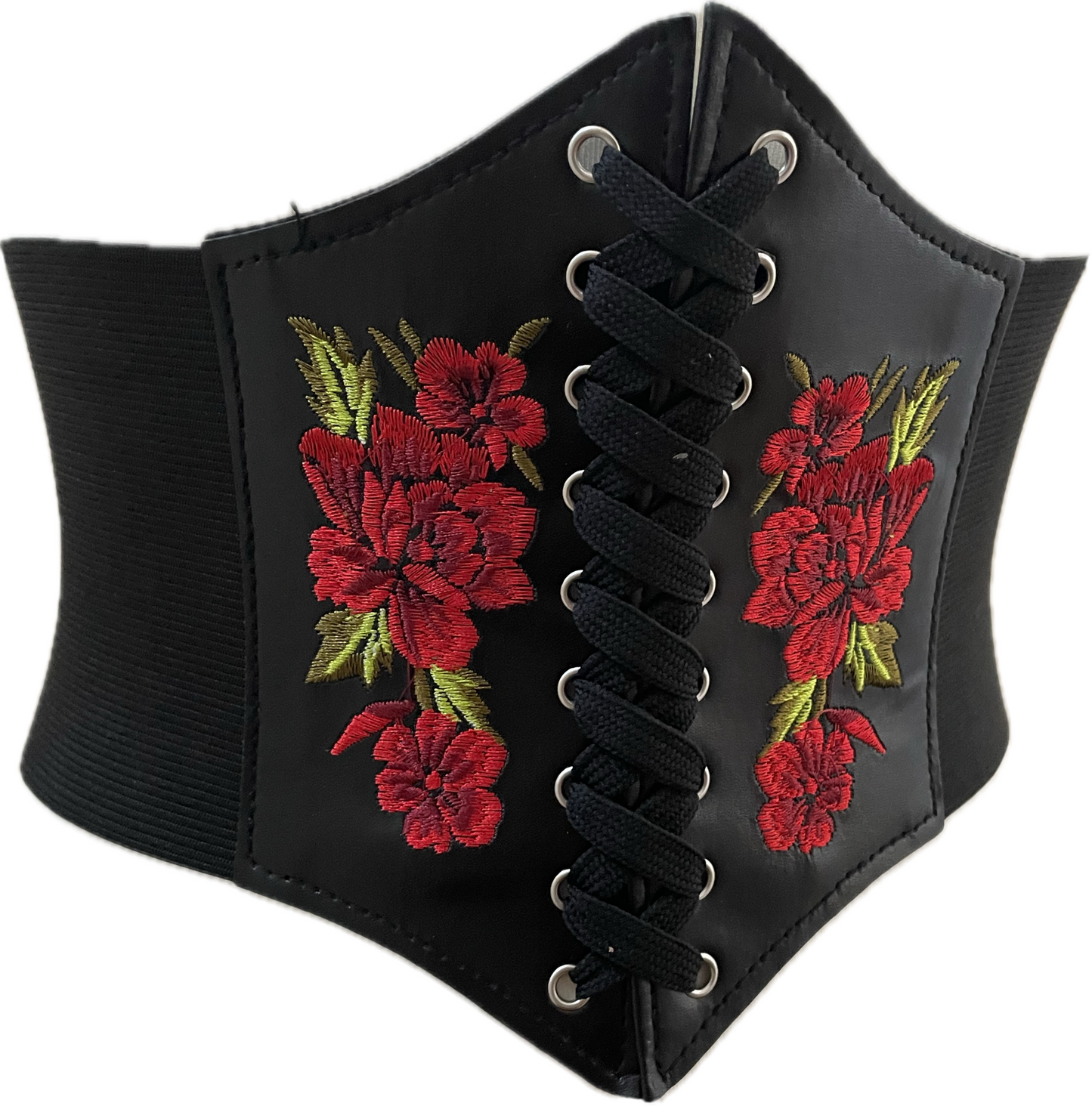 Embroidered Rose Black PU Leather Corset Waist Cinch Belt - One Size