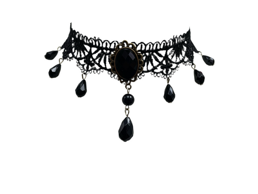 Black Gothic Lace Pendant and Droplet Choker Necklace #12