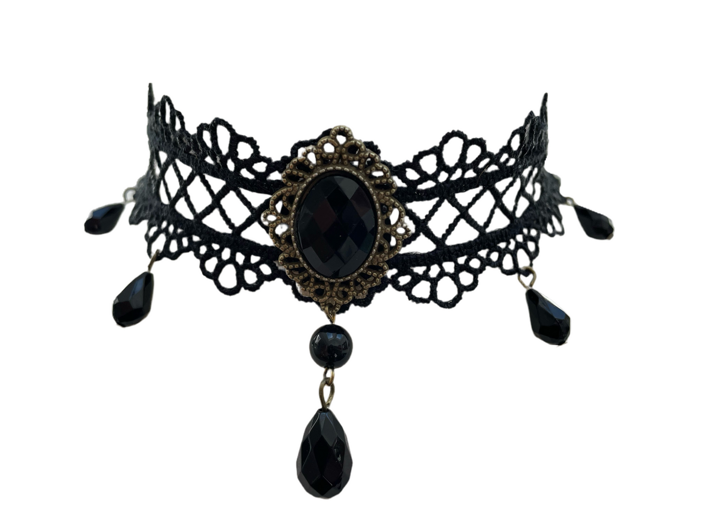 Black Gothic Lace Pendant and Droplet Choker Necklace #5