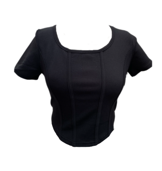 Black Corset Detailed Cropped Square Neck Tee Tshirt