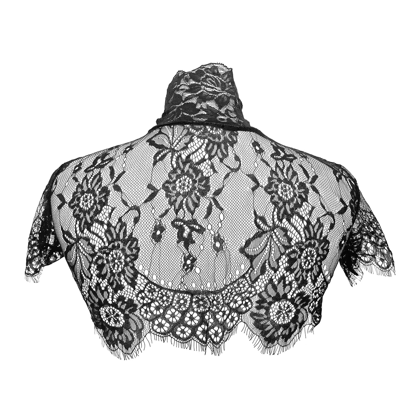 Black Lace Cropped Blouse High Collar Bolero Shrug