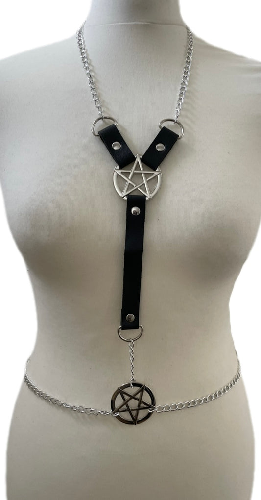 Pentagram Pu Leather and Chain Belt Body Harness