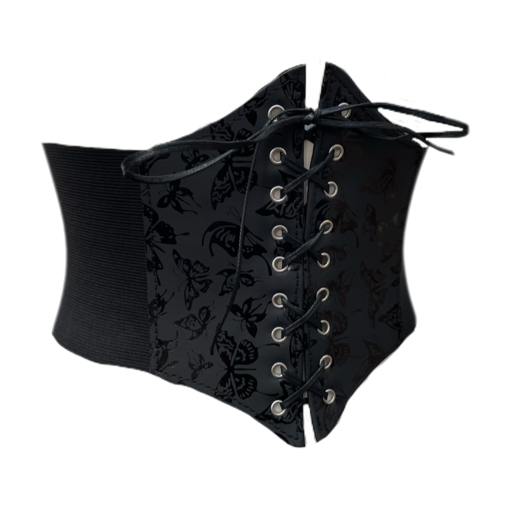 Black PU Leather Gothic Butterfly Corset Waist Cinch Belt - One Size