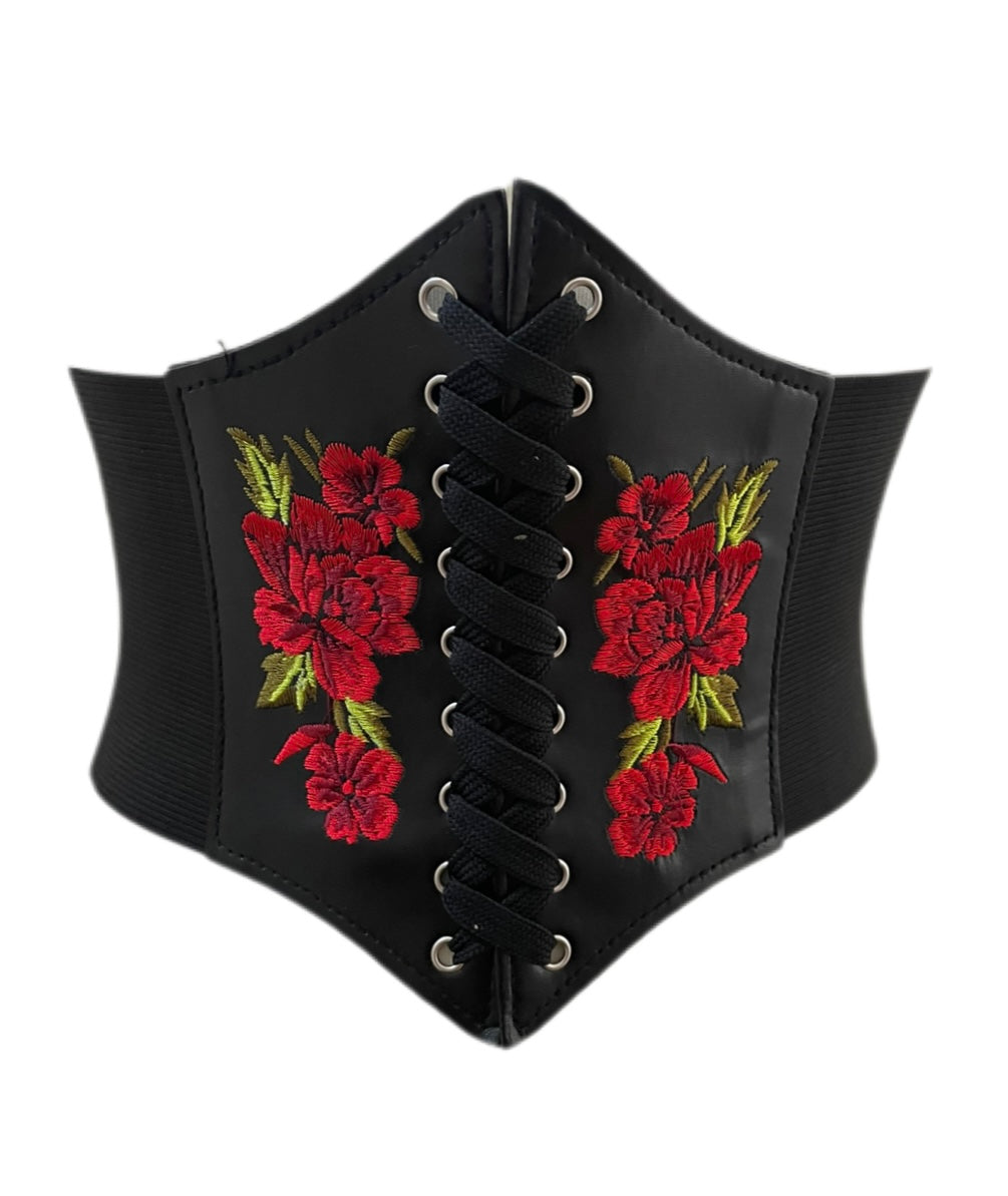 Embroidered Rose Black PU Leather Corset Waist Cinch Belt - One Size