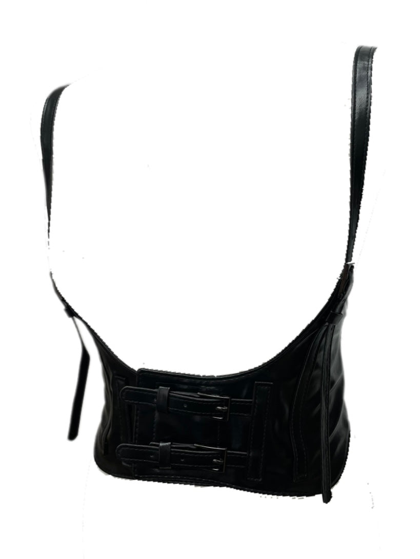 Black PU Leather Underbust Cropped Vest Corset Belt