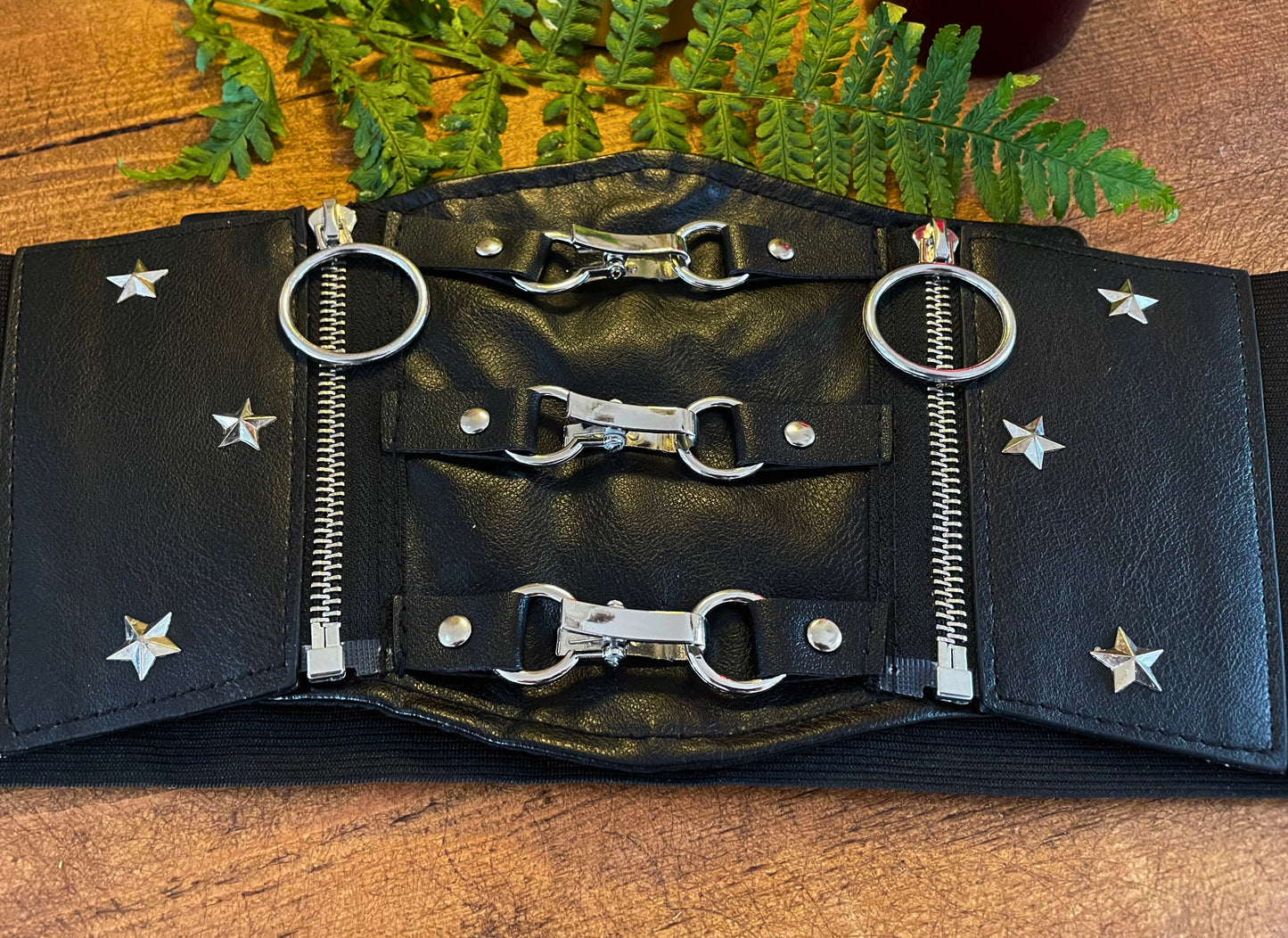 Black PU Leather Star and Rivet Underbust Waist Cinch Belt